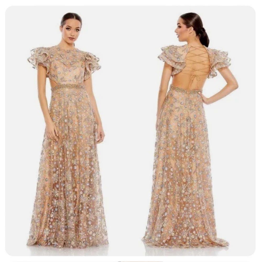 Mac Duggal Champagne Floral Embellished Lace-Up Back Prom Gown